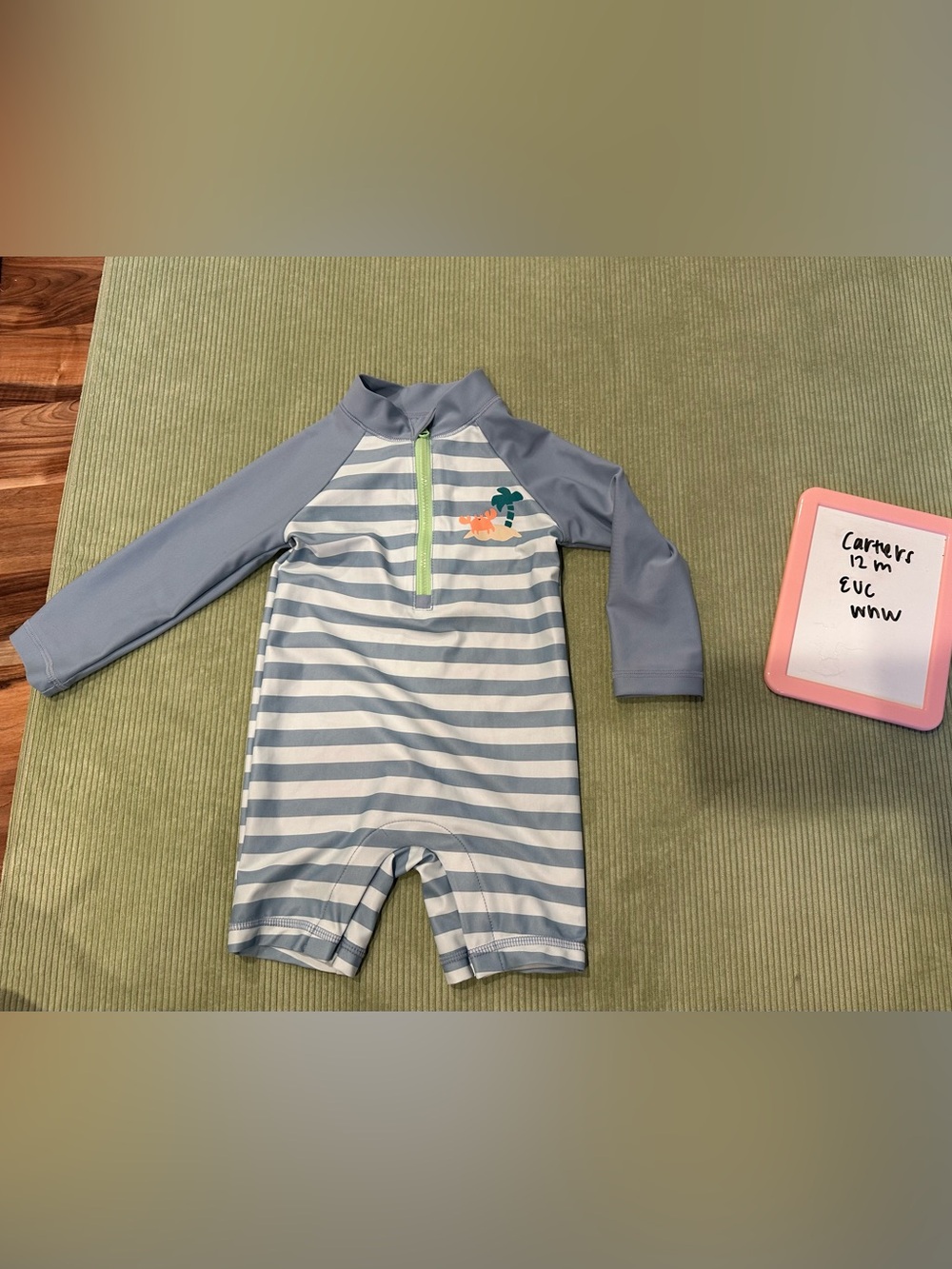 Carter's Blue and White Stripe One-Piece Rashguard with Lime Zip and Crab